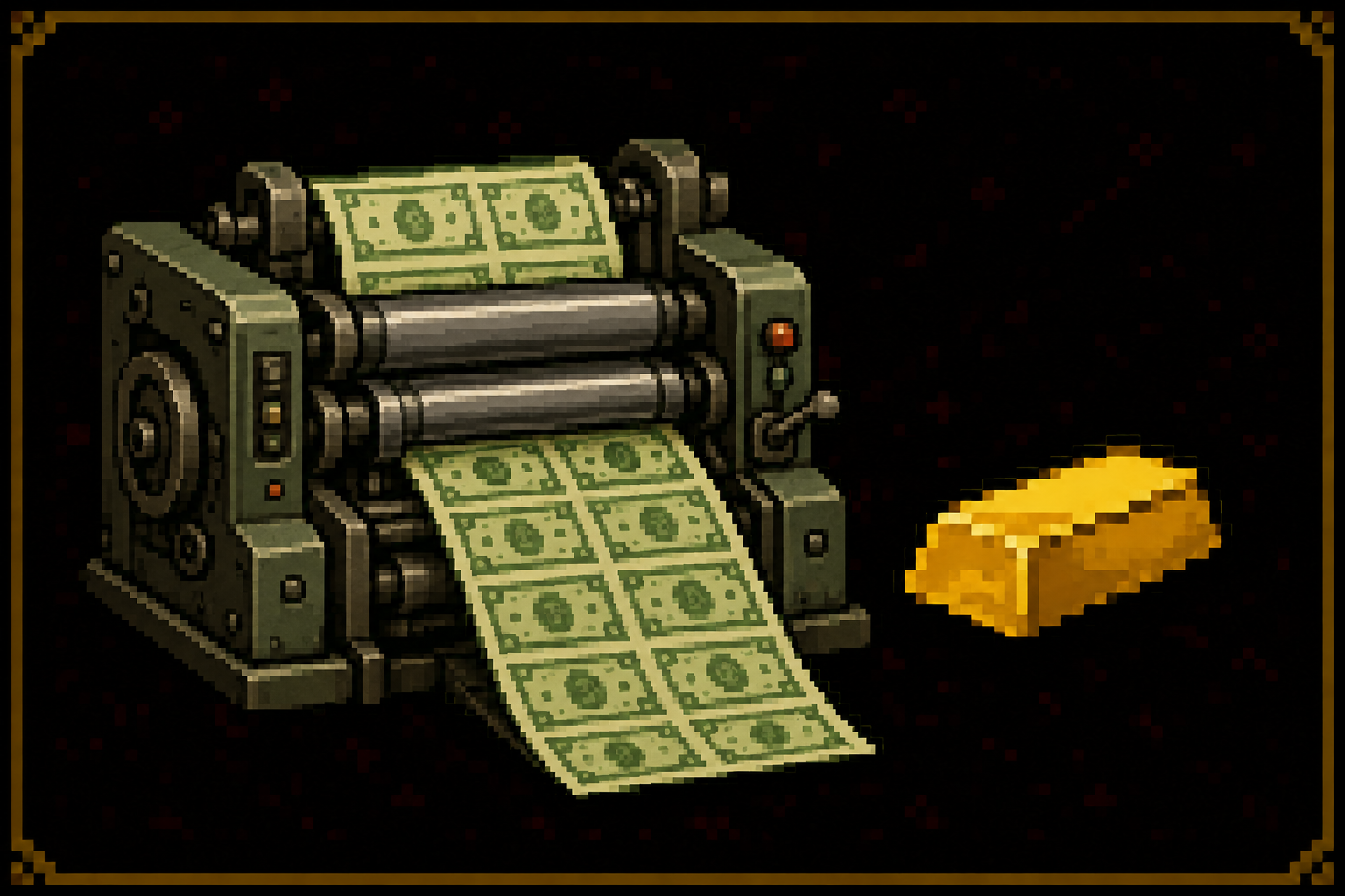 Pixel money press printing dollar sheets. A gold bar sits still.